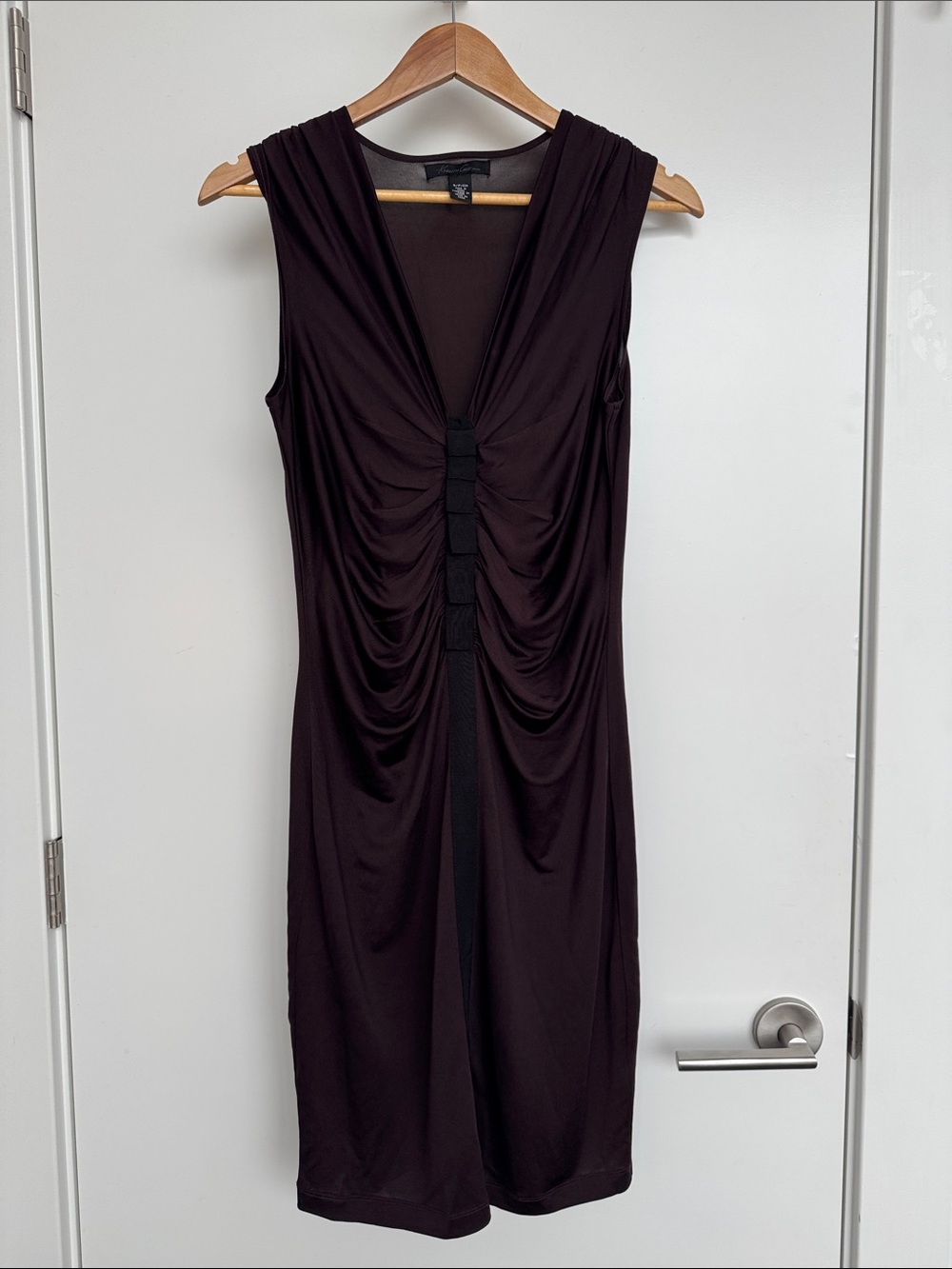 Kenneth Cole Sleeveless Ruched V-Neck Dress in Dark Plum